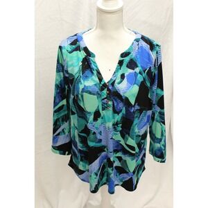 Dana Buchman‎ XL Blouse Top Women Abstract Blue Green Tunic Stretch Career